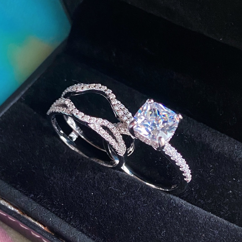 💕2ct two pieces Engagement ring Wedding band set bridal promise vacation rings